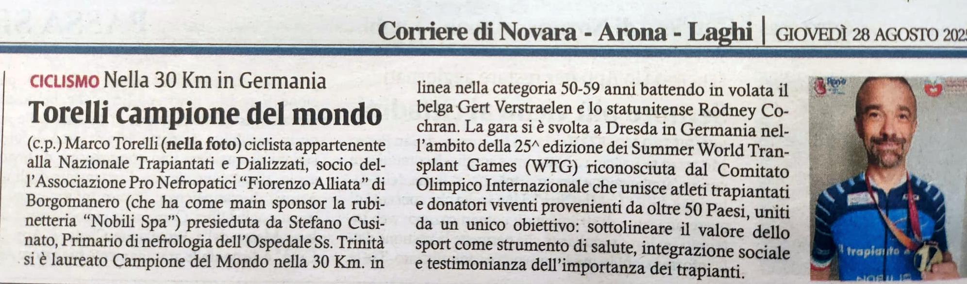 Il Neo Campione del Mondo Marco Torelli sulle pagine del Corriere di Novara